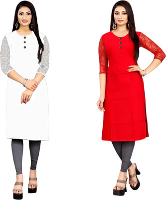 HOFC Women Solid Straight Kurta(White, Red)