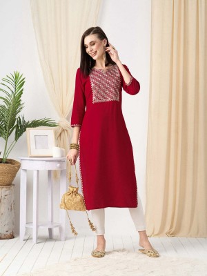 Deepyog Women Embroidered Straight Kurta(Red)