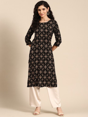 ANOUK Women Printed Straight Kurta(Black)