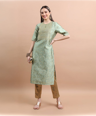 Vishudh Women Embroidered Straight Kurta(Light Green, Gold)