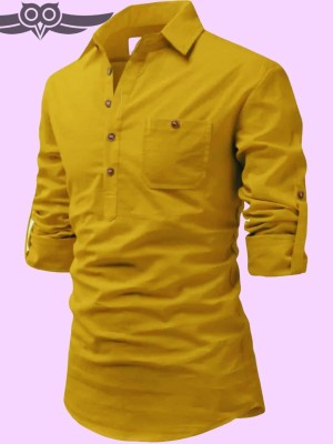 Life Roads Men Solid Pathani Kurta(Yellow)