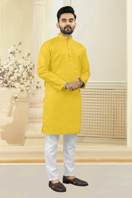 Shree Dutt Creation Men Solid Straight Kurta(Yellow)
