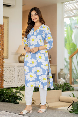 Lakasadapapel Women Printed Straight Kurta(Light Blue)