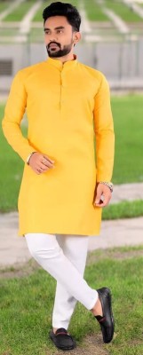 G7 FASHION Men Solid Straight Kurta(Yellow)