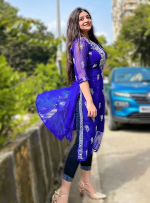 SMAfashion Women Chikan Embroidery A-line Kurta(Blue, White)