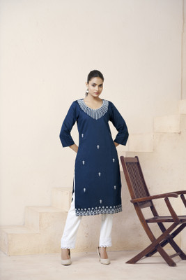 TRIVORA Women Embroidered A-line Kurta(Blue)