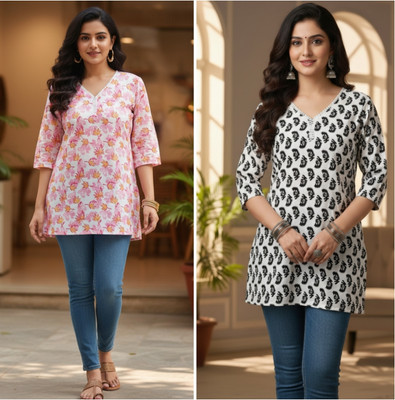 kc fashion Women Floral Print Straight Kurta(White)
