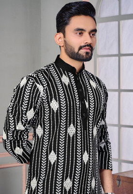 FOXDX Men Printed, Self Design Straight Kurta(Black)