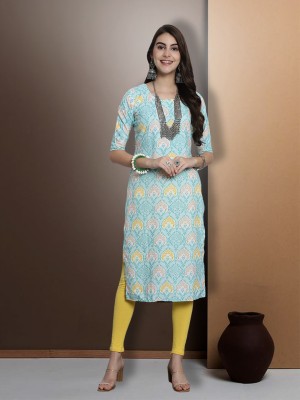 EthnicBasket Women Printed Straight Kurta(Light Blue, Yellow, White)