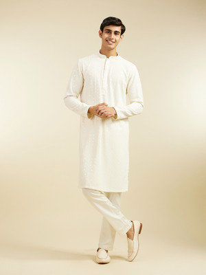 DIWAS by Manyavar Men Embroidered Straight Kurta(White)