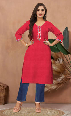 AATEXTILES Women Embroidered Straight Kurta(Black)