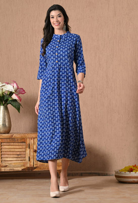 METAFAB Women Printed A-line Kurta(Blue)