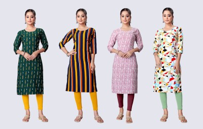 Pihu Fashion Women Printed A-line Kurta(Dark Green, Yellow, Pink, White)