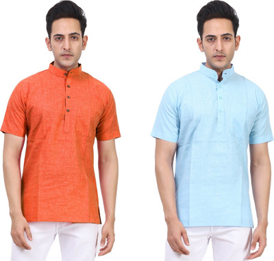 Kavita Fasion Men Solid Straight Kurta(Light Blue, Orange)