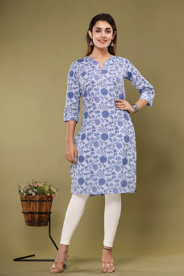 Kezlin Women Floral Print A-line Kurta(Light Blue, White)
