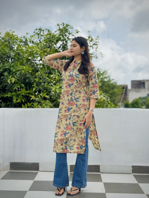 Kurtiking Women Printed Straight Kurta(Yellow)
