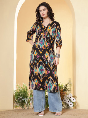 Nayo Women Printed Straight Kurta(Black)