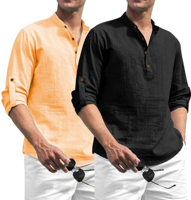 FireFish Men Solid A-line Kurta(Orange, Black)