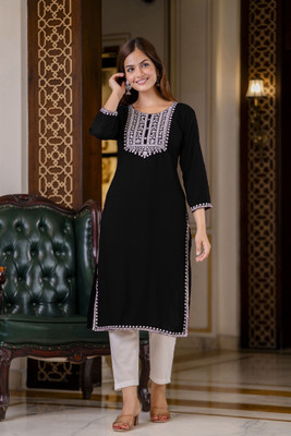 PATDOM Women Embroidered A-line Kurta(Black)