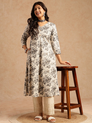 VBUYZ Women Printed A-line Kurta(Grey)