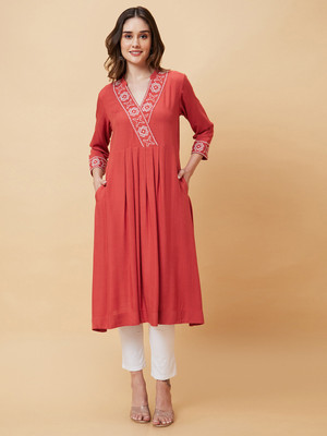 Globus Women Embroidered A-line Kurta(Brown)