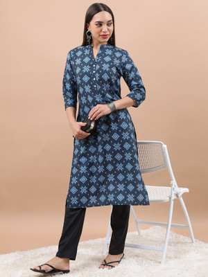 Vishudh Women Printed Straight Kurta(Dark Blue)