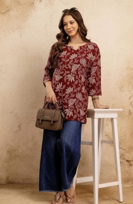 ENAREZI Women Floral Print Straight Kurta(Maroon)