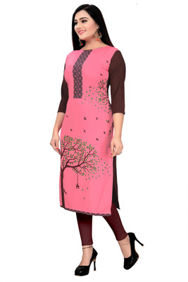 HouseOfCommon Women Printed Straight Kurta(Pink, Brown)