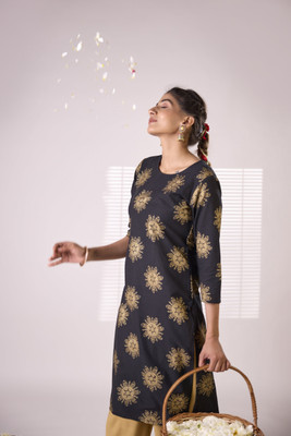 Surhi Women Printed Straight Kurta(Dark Blue, Beige)