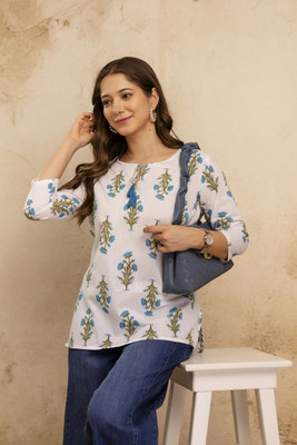 HYTEN Women Floral Print Straight Kurta(Light Blue, White)