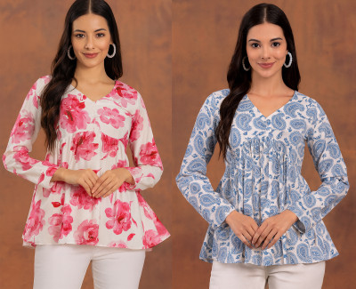 CLANGER Women Floral Print Flared Kurta(Light Blue)