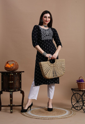Glowworld Women Embroidered Straight Kurta(Black)