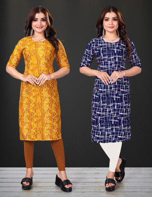 MOBHISA Women Printed Straight Kurta(Blue)