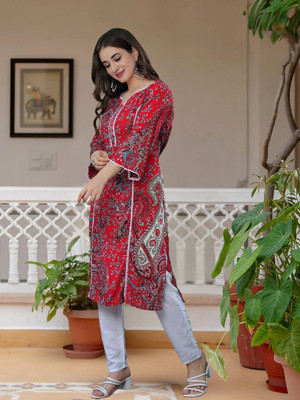 Queenslifestyle Women Embellished, Floral Print, Embroidered Pakistani Kurta(Red)