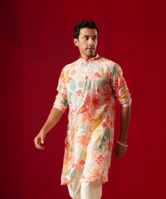 VASTRAMAY Men Printed, Floral Print Straight Kurta(Pink)