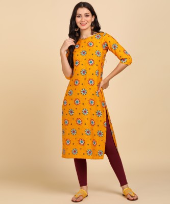 HIVA TRENDZ Women Floral Print Straight Kurta(Yellow)