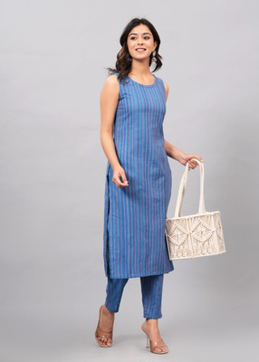 Maquien Women Striped A-line Kurta(Blue)