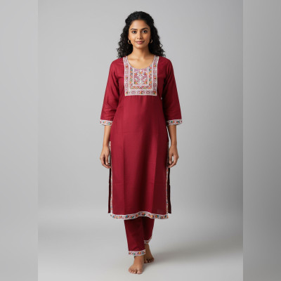littlemamaorg Women Embroidered, Geometric Print Straight Kurta(Maroon)