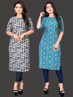 MOBHISA Women Printed Straight Kurta(Blue)