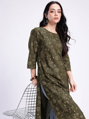 Anouk Rustic Women Printed Straight Kurta(Green)