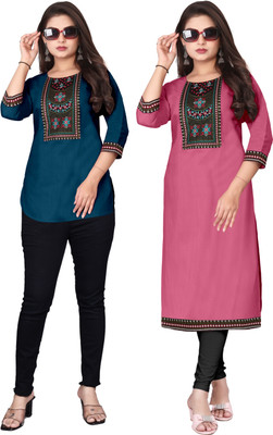 FSR Women Solid, Embroidered A-line Kurta(Multicolor)