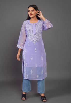 malabis Women Chikan Embroidery Ethnic Dress Kurta(Purple)