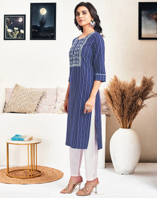 Anmi Embroidered Women Straight Kurta(Blue)