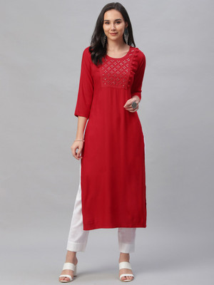LIBAS Women Solid Straight Kurta(Red)