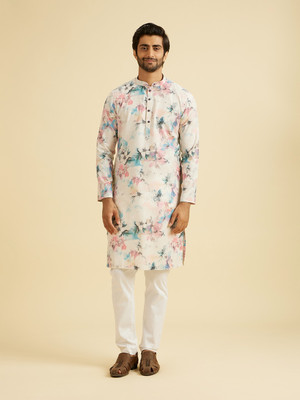 MANYAVAR Men Printed Straight Kurta(White)