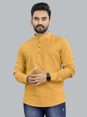 allan peter Men Solid Straight Kurta(Yellow)