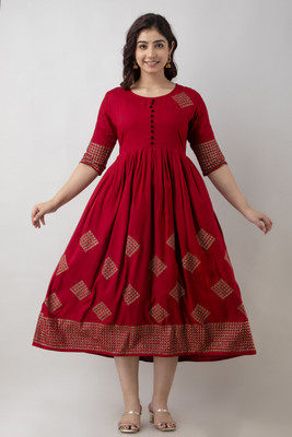 Sakshi Designer Women Printed Anarkali Kurta(Red)