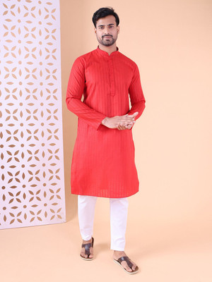 Aurik Men Striped Straight Kurta(Red)