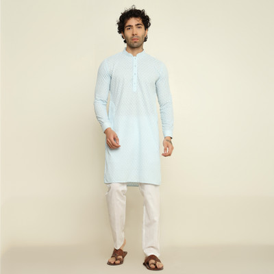 Crease India Men Chikan Embroidery Straight Kurta(Light Blue)