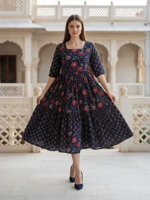 GOPI MOHAN Women Printed Anarkali Kurta(Blue)